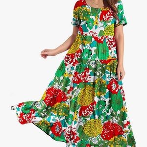 Women Casual Loose Bohemian Floral Dress with Pockets